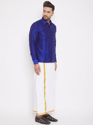 VASTRAMAY Men's & Boys Blue Solid Silk Blend Full Sleeve Ethnic Shirt And Mundu Set