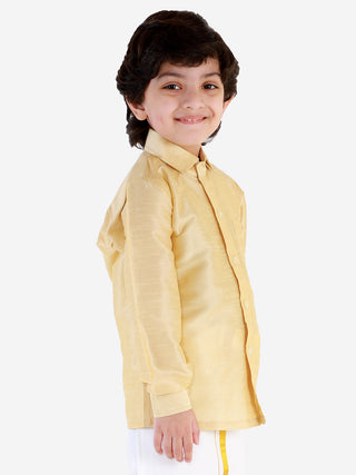 VASTRAMAY Men's & Boys Gold Solid Silk Blend Full Sleeve Ethnic Shirt