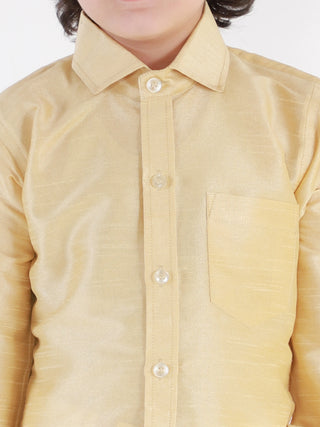 VASTRAMAY Men's & Boys Gold Solid Silk Blend Full Sleeve Ethnic Shirt