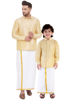 VASTRAMAY Men's & Boys Gold Solid Silk Blend Full Sleeve Ethnic Shirt And Mundu Set
