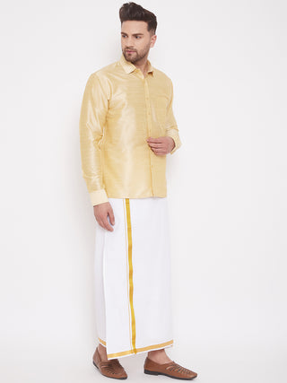 VASTRAMAY Men's & Boys Gold Solid Silk Blend Full Sleeve Ethnic Shirt And Mundu Set