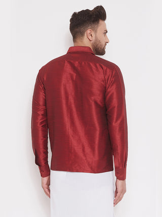 VASTRAMAY Men's & Boys Maroon Solid Silk Blend Full Sleeve Ethnic Shirt