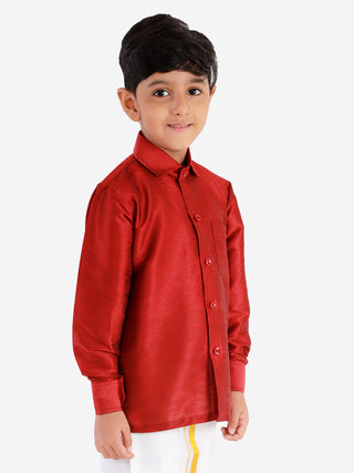 VASTRAMAY Men's & Boys Maroon Solid Silk Blend Full Sleeve Ethnic Shirt