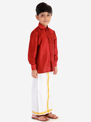 VASTRAMAY Men's & Boys Maroon Solid Silk Blend Full Sleeve Ethnic Shirt And Mundu Set