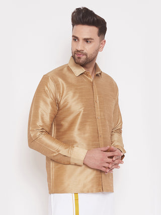VASTRAMAY Men's & Boys Rose Gold Solid Silk Blend Full Sleeve Ethnic Shirt