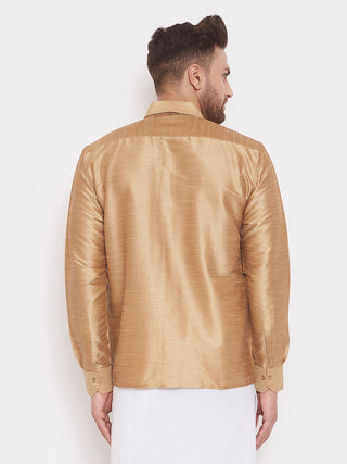 VASTRAMAY Men's & Boys Rose Gold Solid Silk Blend Full Sleeve Ethnic Shirt