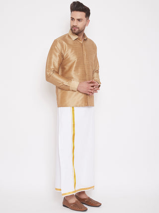 VASTRAMAY Men's & Boys Rose Gold Solid Silk Blend Full Sleeve Ethnic Shirt And Mundu Set