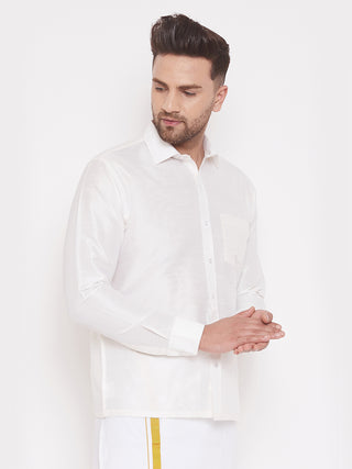 VASTRAMAY Men's & Boys White Solid Silk Blend Full Sleeve Ethnic Shirt