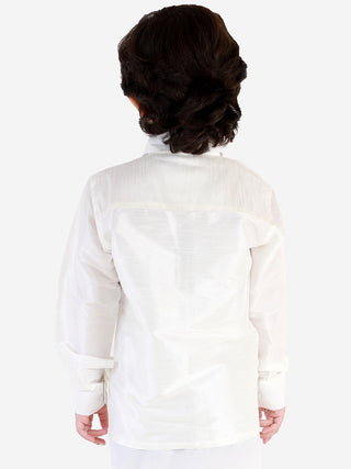 VASTRAMAY Men's & Boys White Solid Silk Blend Full Sleeve Ethnic Shirt