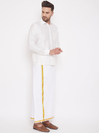 VASTRAMAY Men's & Boys White Solid Silk Blend Full Sleeve Ethnic Shirt And Mundu Set