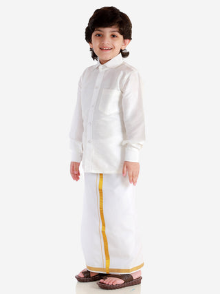 VASTRAMAY Men's & Boys White Solid Silk Blend Full Sleeve Ethnic Shirt And Mundu Set