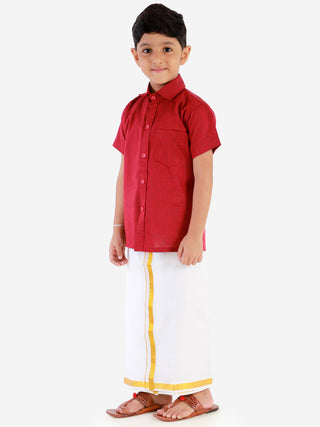 VASTRAMAY Men's & Boys Maroon Solid Cotton Blend Half Sleeve Ethnic Shirt And Mundu Set