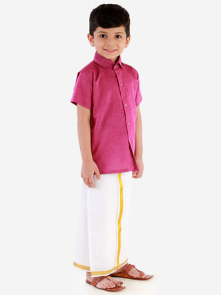 VASTRAMAY Men's & Boys Pink Solid Cotton Blend Half Sleeve Ethnic Shirt And Mundu Set