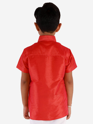VASTRAMAY Men's & Boys Red Solid Silk Blend Half Sleeve Ethnic Shirt