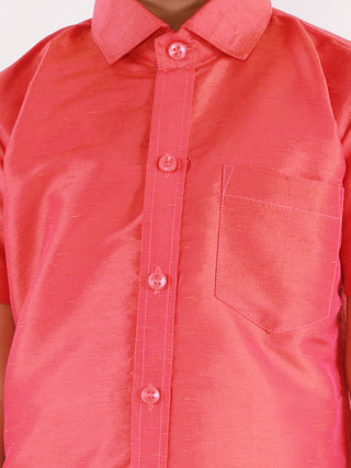 VASTRAMAY Men's & Boys Red Solid Silk Blend Half Sleeve Ethnic Shirt