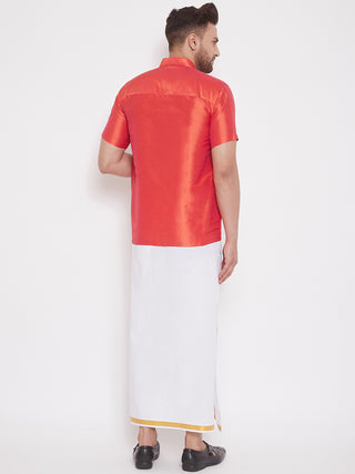 VASTRAMAY Men's & Boys Red Solid Silk Blend Half Sleeve Ethnic Shirt And Mundu Set