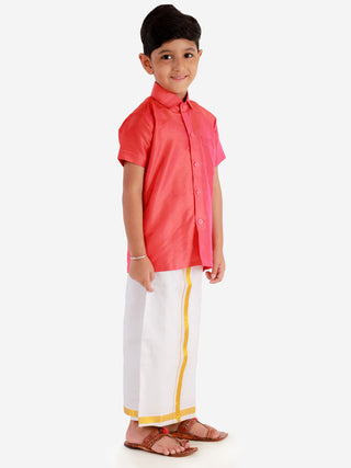 VASTRAMAY Men's & Boys Red Solid Silk Blend Half Sleeve Ethnic Shirt And Mundu Set