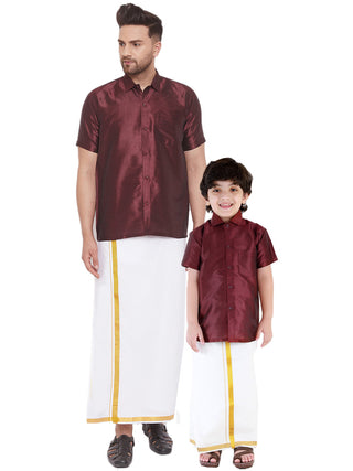 VASTRAMAY Men's & Boys Wine Solid Silk Blend Half Sleeve Ethnic Shirt And Mundu Set