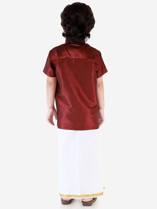 VASTRAMAY Men's & Boys Wine Solid Silk Blend Half Sleeve Ethnic Shirt And Mundu Set