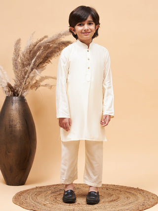 VASTRAMAY Boy's Black Indo Western Jacket With Cream Kurta And Pyjama Set