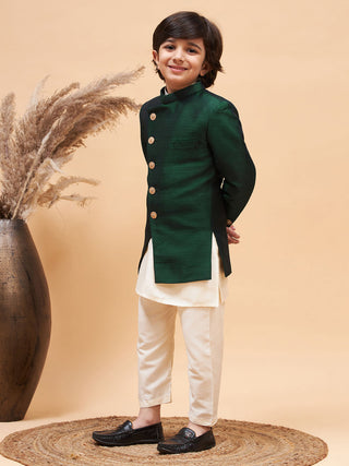 VASTRAMAY Boy's Green Indo Western Jacket With Cream Kurta And Pyjama Set