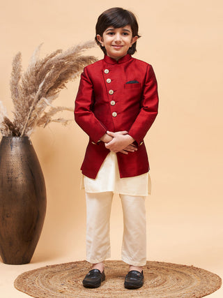 VASTRAMAY Boy's Maroon Indo Western Jacket With Cream Kurta And Pyjama Set