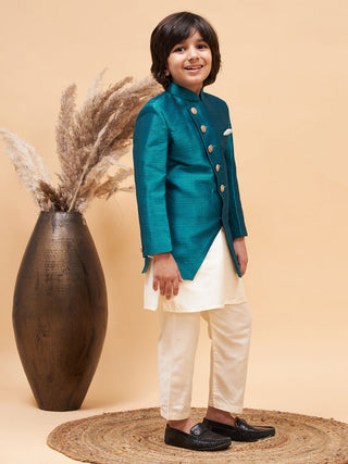 VASTRAMAY Boy's Turquoise Indo Western Jacket With Cream Kurta And Pyjama Set