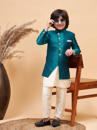 VASTRAMAY Boy's Turquoise Indo Western Jacket With Cream Kurta And Pyjama Set