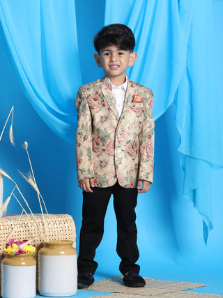 VASTRAMAY Boy's Beige Silk Blend Floral Print Blazer
