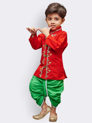 VASTRAMAY Boys' Red Linen Kurta and Dhoti Pant Set