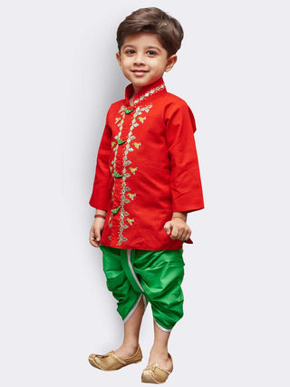 VASTRAMAY Boys' Red Linen Kurta and Dhoti Pant Set
