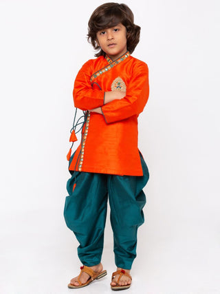 Boys' Orange Cotton Silk Kurta and Dhoti Pant Set