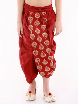 VASTRAMAY Boys' Maroon Traditional Embroidered Dhoti