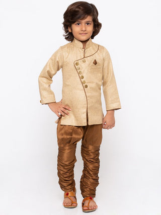 Boys' Brown Cotton Silk Sherwani and Churidar Set