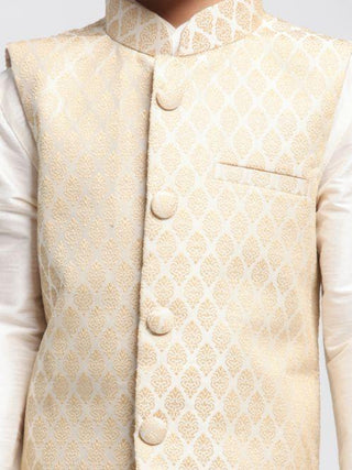 Boys' Beige Cotton Silk Blend Kurta, Waistcoat and Pyjama Set