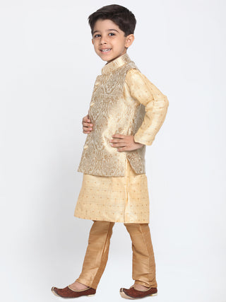 Vastramay Silk Blend Rose Gold and Gold Baap Beta Jacket Kurta Pyjama set
