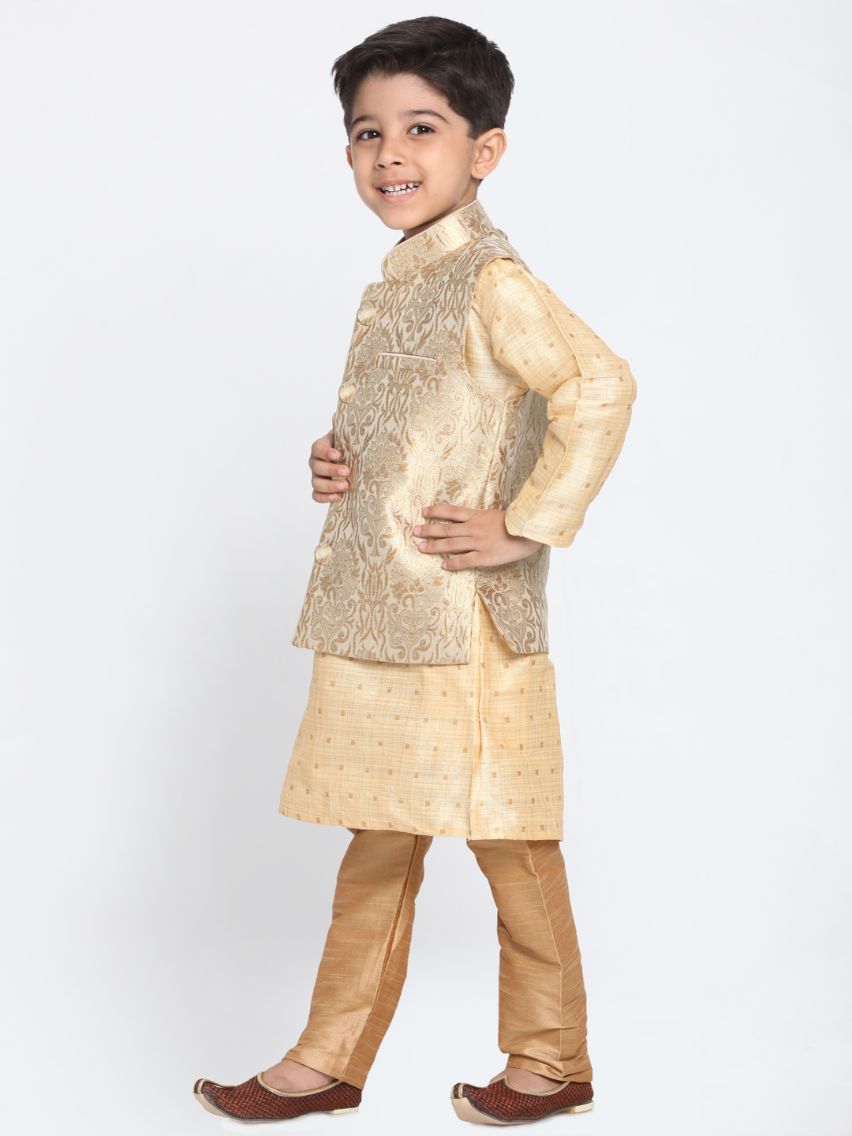 Boys' Gold Cotton Silk Blend Kurta, Waistcoat and Pyjama Set