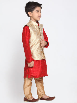 Vastramay Silk Blend Rose Gold and Maroon Baap Beta Jacket Kurta Pyjama set