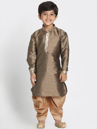 Boys' Gold Cotton Silk Blend Ethnic Jacket, Kurta and Dhoti Pant Set