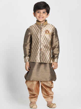 Vastramay Silk Blend Gold Baap Beta Jacket Dhoti Kurta set