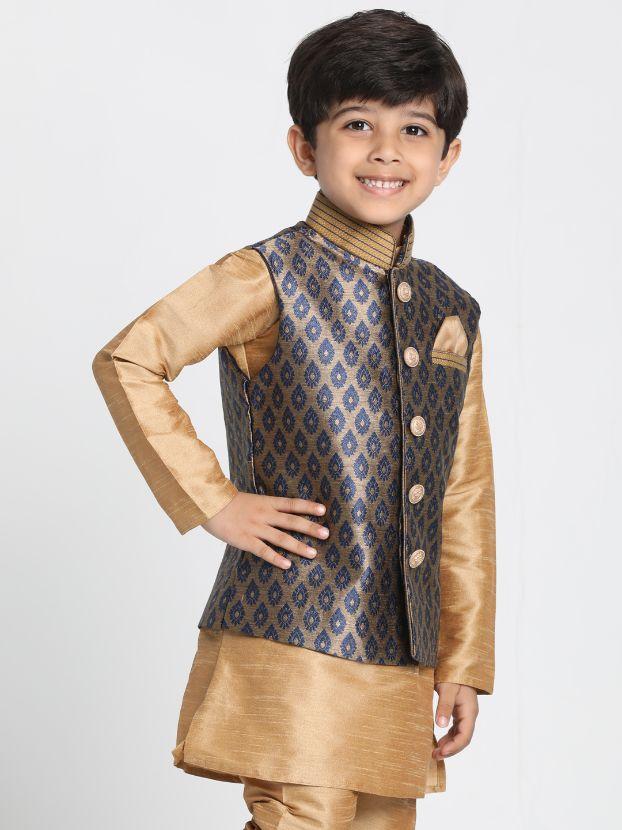 Boys' Deep Blue Cotton Silk Blend Nehru Jacket