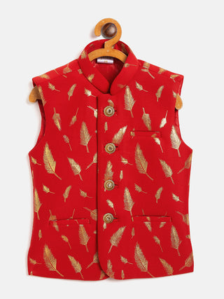 VASTRAMAY Red And Gold Scuba Foil Print Nehru Jacket