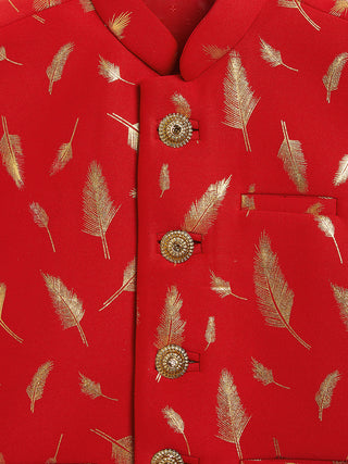 VASTRAMAY Red And Gold Scuba Foil Print Nehru Jacket
