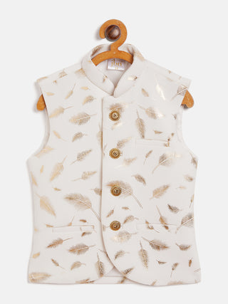 VASTRAMAY White And Gold Scuba Foil Print Nehru Jacket