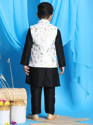 VASTRAMAY White And Gold Scuba Foil Print Nehru Jacket And Black Solid Kurta Pyjama Set