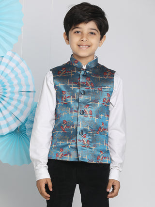 VASTRAMAY Boys' Multicolor-Base-Turquoise Jacquard Nehru Jacket