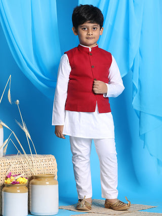 VASTRAMAY Boy's Maroon Solid Nehru Jacket With White Kurta Pyjama set
