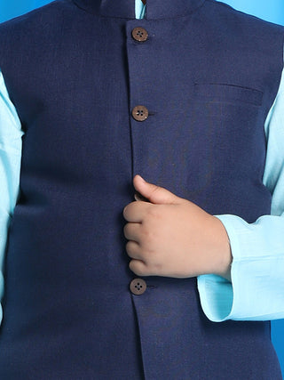VASTRAMAY Boy's Navy Blue Solid Jacket With Aqua Blue Kurta and White Pyjama Set
