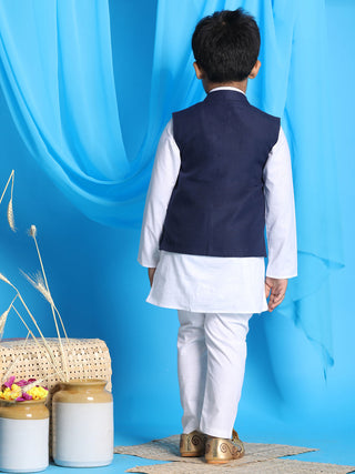 VASTRAMAY Boy's Navy Blue Solid Nehru Jacket With White Kurta Pyjama set
