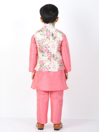 VASTRAMAY Boys Floral Printed Nehru Jacket With Silk Blend Solid Kurta Pyjama Set